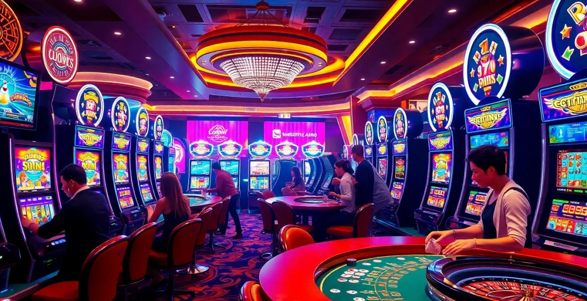 Engage with slot777 machines in an exhilarating casino setting, featuring excited players and vibrant lights.