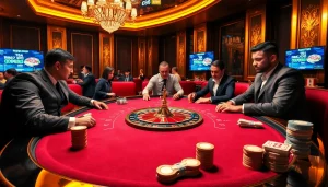 Experience the thrill of gambling with the ev88 apk app displayed on digital screens at a luxury casino.