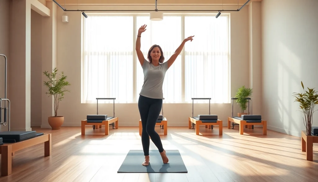 姫路の安いピラティス - 自然光の中で、専門インストラクターがポーズを実演しているスタジオの様子。