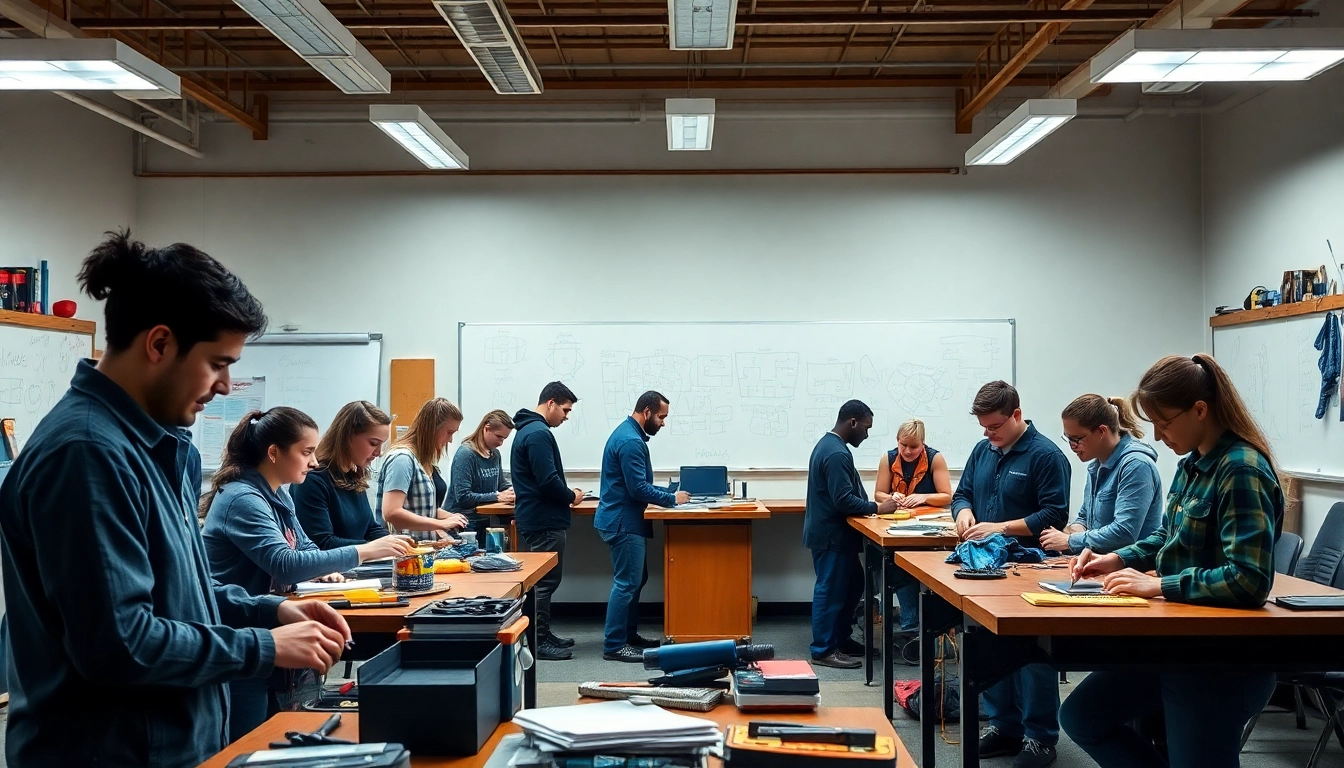 Students at a Trade School Knoxville TN engaged in hands-on learning with tools in a bright classroom.