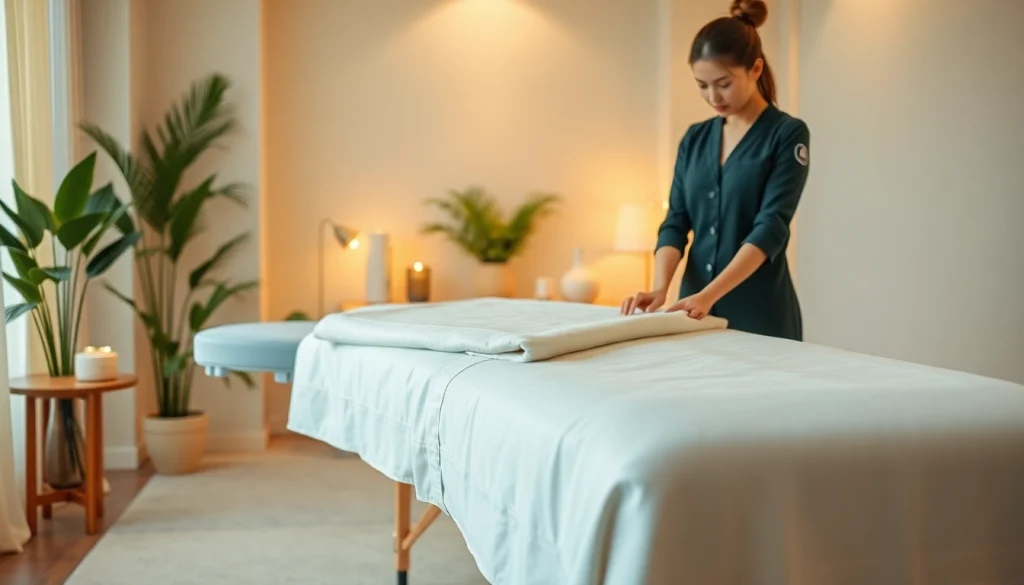 출장마사지 service setup with a professional therapist in a serene environment.