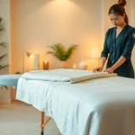 출장마사지 service setup with a professional therapist in a serene environment.