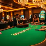 Players enjoy a thrilling game of poker at 6FF casino, amidst vibrant slot machines and friendly dealers.