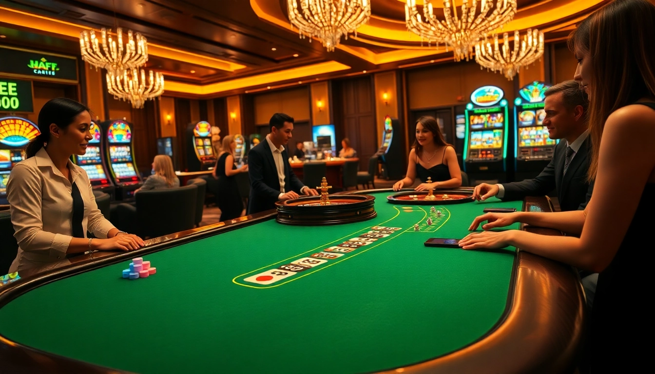 Players enjoy a thrilling game of poker at 6FF casino, amidst vibrant slot machines and friendly dealers.