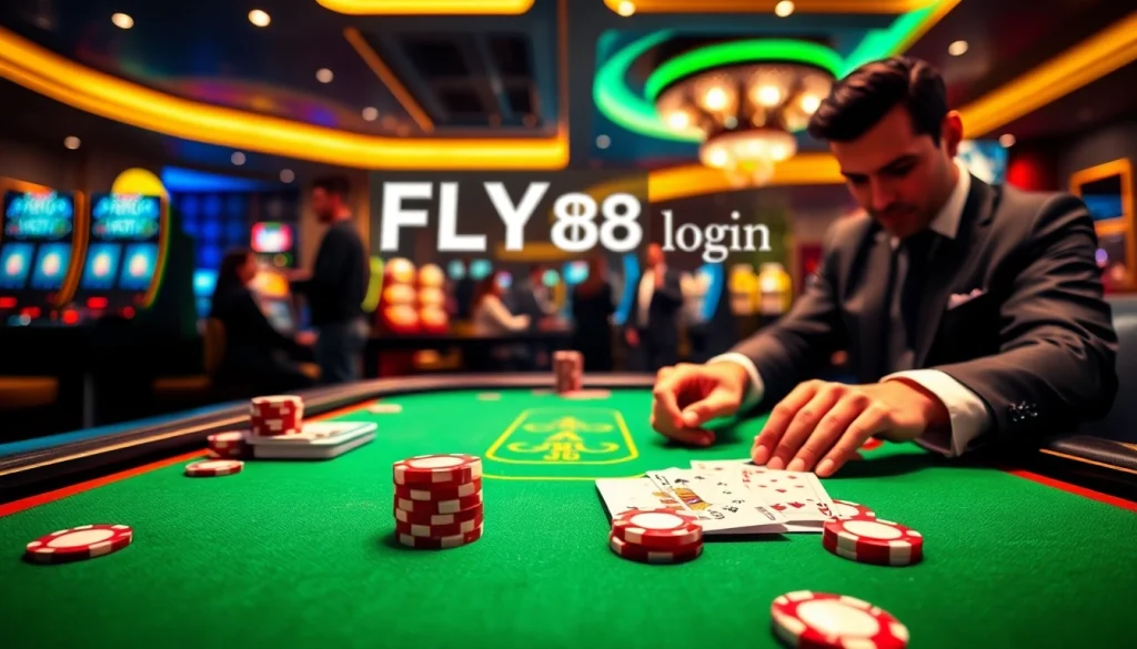 FLY88 login experience at a luxurious casino table with poker cards and chips.