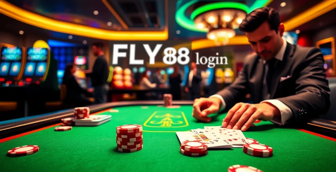 FLY88 login experience at a luxurious casino table with poker cards and chips.