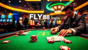 FLY88 login experience at a luxurious casino table with poker cards and chips.