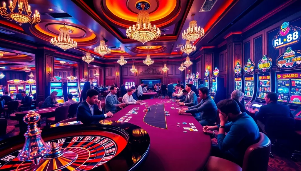 Players enjoying a thrilling session at rr 88 casino, surrounded by poker tables and roulette wheels.