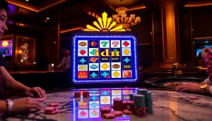 Play the exciting idn slot machine amidst a luxurious casino ambiance filled with vibrant lights.