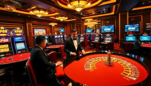 Players winning at KP88 casino with vibrant slot machines and roulette tables in the background