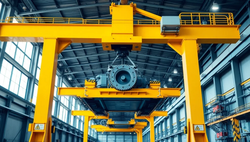 Bridge crane lifting heavy machinery in a modern industrial facility.