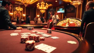 Experience the thrill of gameplay at 5z7776 com with a vibrant poker scene and roulette wheel.