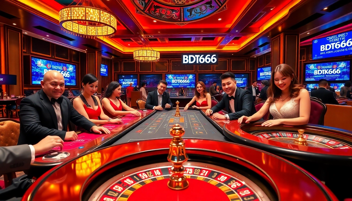 Exciting gambling scene at a luxury casino with BDTK666 branding, highlighting poker chips and roulette wheels.