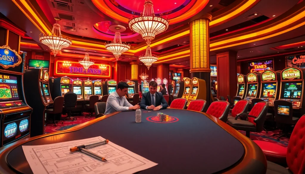 A casino showcasing house extension construction with elegant gaming tables and bright slot machines.