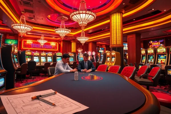 A casino showcasing house extension construction with elegant gaming tables and bright slot machines.