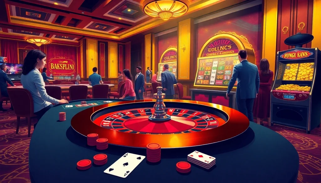Experience an exhilarating casino scene at https://nohu90pa.com with roulette, slot machines, and engaged players.