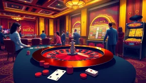 Experience an exhilarating casino scene at https://nohu90pa.com with roulette, slot machines, and engaged players.