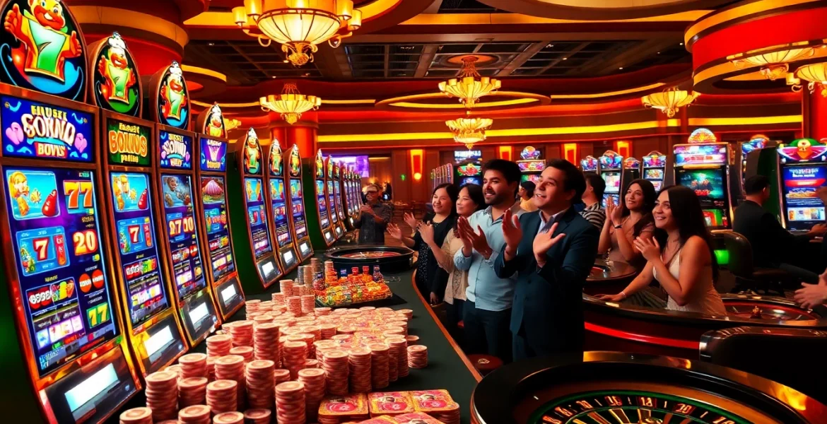 Menang di slot deposit pulsa tanpa potongan dalam adegan kasino yang semarak dengan pemain yang gembira dan elemen permainan yang menarik.