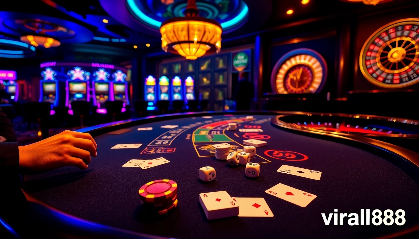 Experience high-stakes action at a viral88 blackjack table, showcasing poker chips and cards.