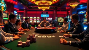 A vibrant casino scene showcasing players at a poker table and slot machines, highlighting 222BD's luxury.