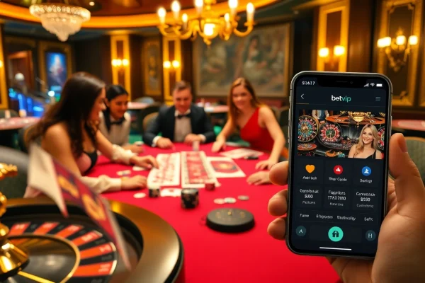 Người chơi tận hưởng ứng dụng betvip tại một casino sang trọng, với chip bài poker và bài trên bàn.
