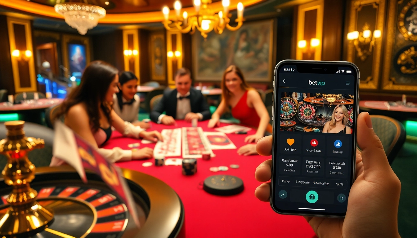 Người chơi tận hưởng ứng dụng betvip tại một casino sang trọng, với chip bài poker và bài trên bàn.