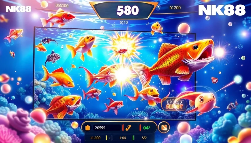 Bắn cá NK88 gameplay showcasing colorful fish and engaging shooting animations in a vibrant online casino.
