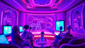 Engaging NSFW AI chatbots interacting in a cozy, high-tech lounge setting.