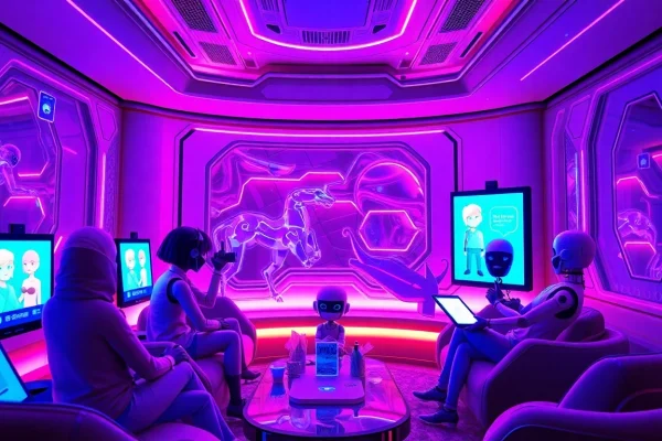 Engaging NSFW AI chatbots interacting in a cozy, high-tech lounge setting.