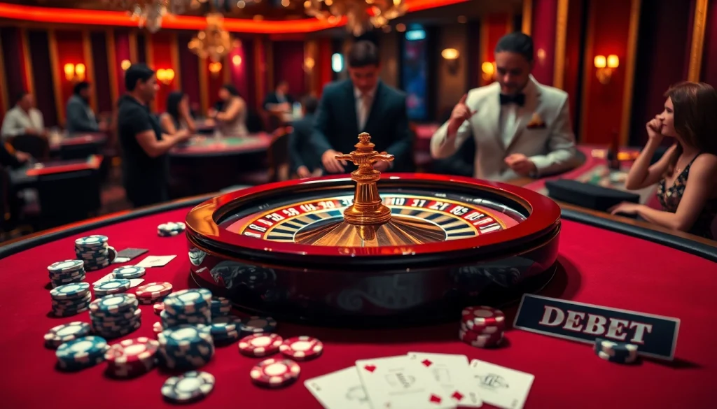 Engaging roulette action at the DEBET casino, highlighting players' excitement.