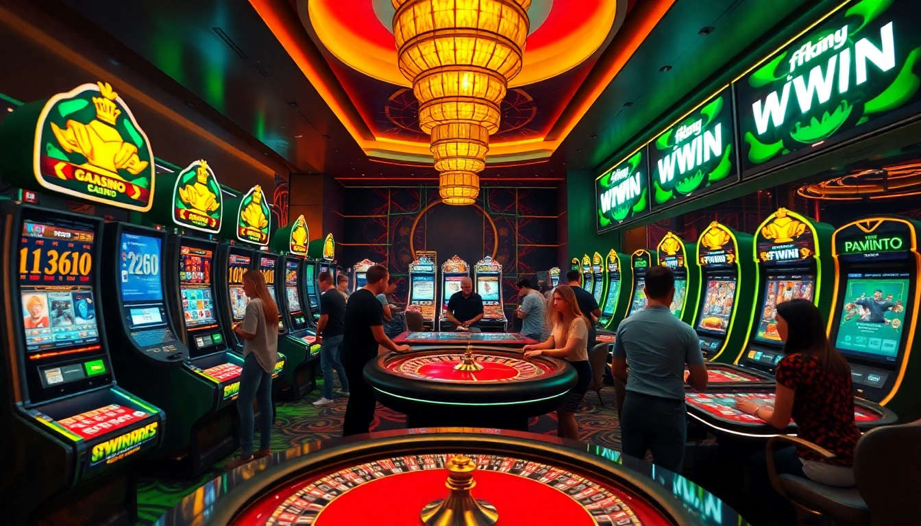 FFWIN online betting platform featuring a vibrant casino scene with diverse players enjoying slots, poker, and roulette.