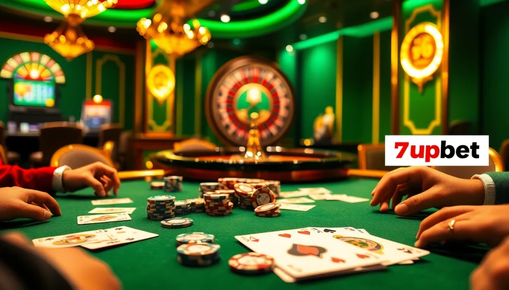 Players engaged in a high-stakes poker game at 7upbet casino, showcasing excitement and strategy.