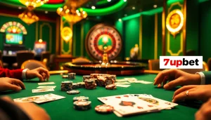 Players engaged in a high-stakes poker game at 7upbet casino, showcasing excitement and strategy.