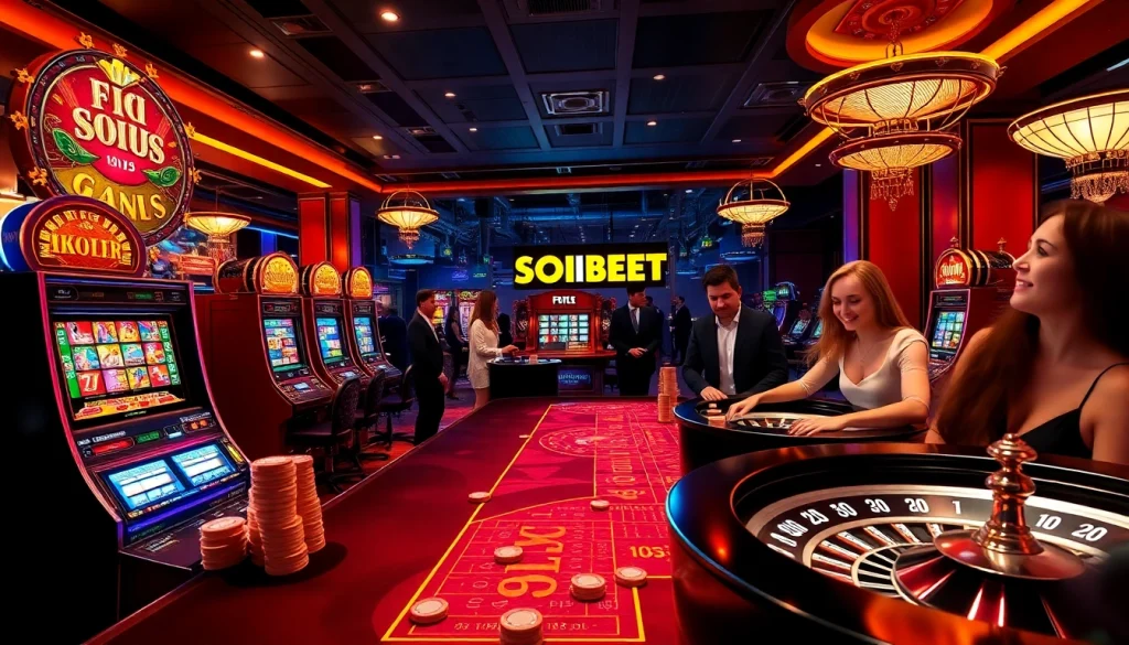 Experience the excitement of SOIBET with a vibrant casino scene showcasing thrilling games and modern decor.
