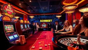 Experience the excitement of SOIBET with a vibrant casino scene showcasing thrilling games and modern decor.