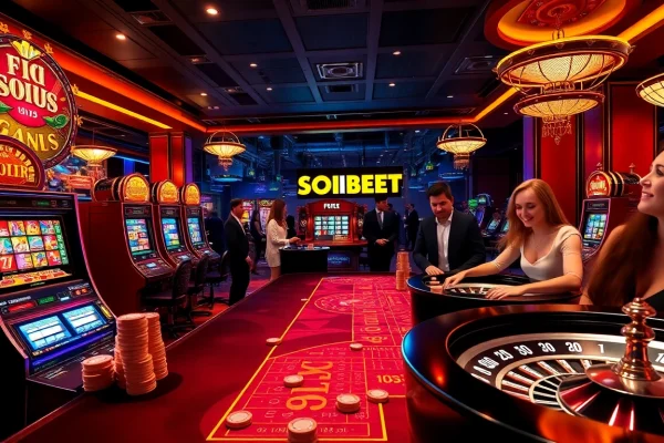 Experience the excitement of SOIBET with a vibrant casino scene showcasing thrilling games and modern decor.