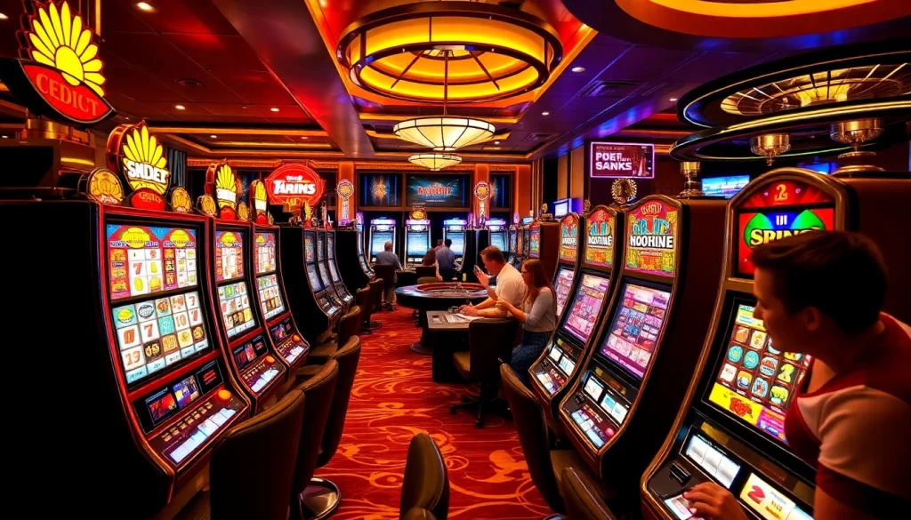 Excited players engaging with various slot machines at a vibrant casino.