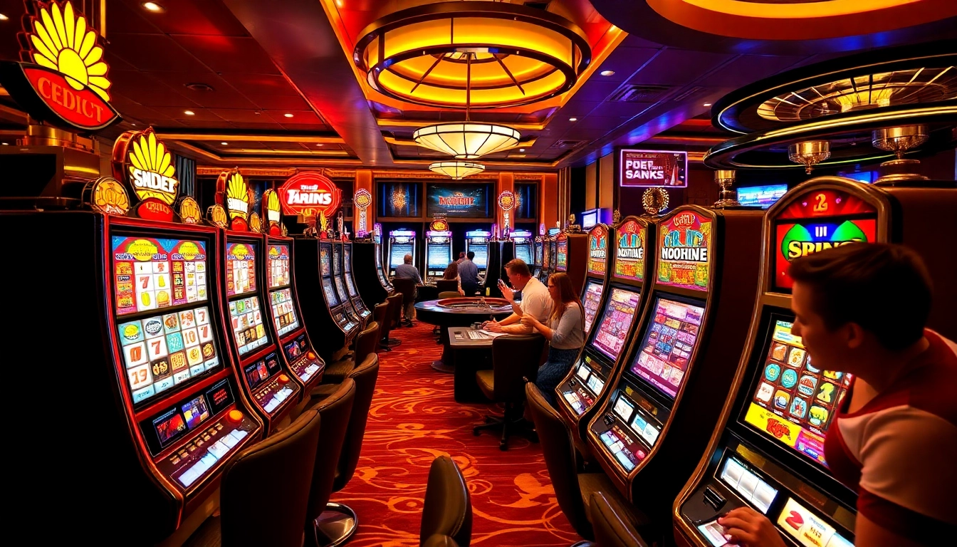 Excited players engaging with various slot machines at a vibrant casino.