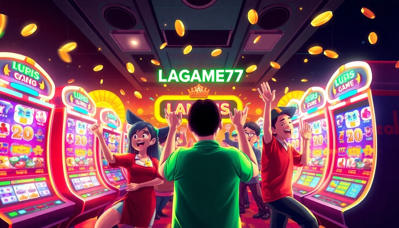 LAGAGAME77 gaming atmosphere showcasing excited players celebrating wins with vibrant slot machines and animated visuals.