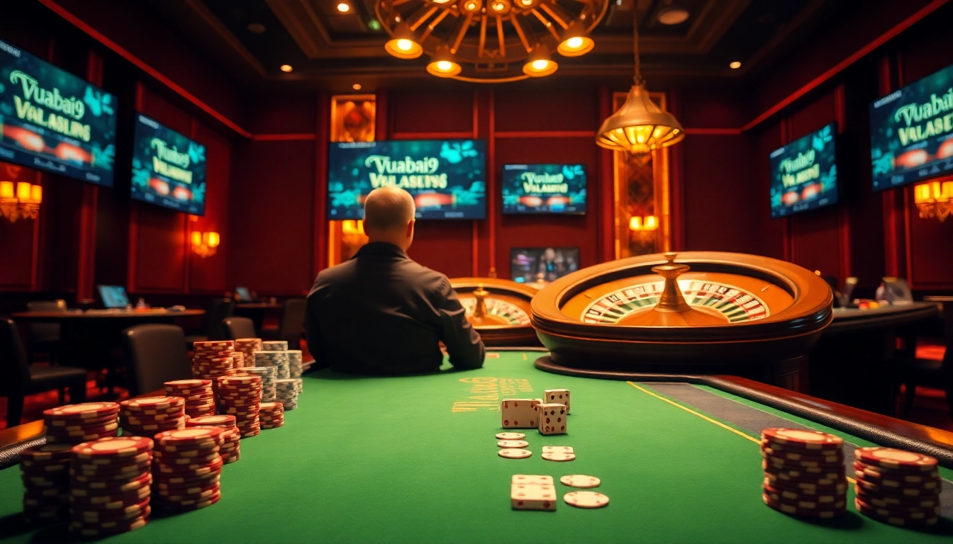 Experience thrilling gameplay at Vuabai9 with the vibrant casino table and stacks of poker chips.