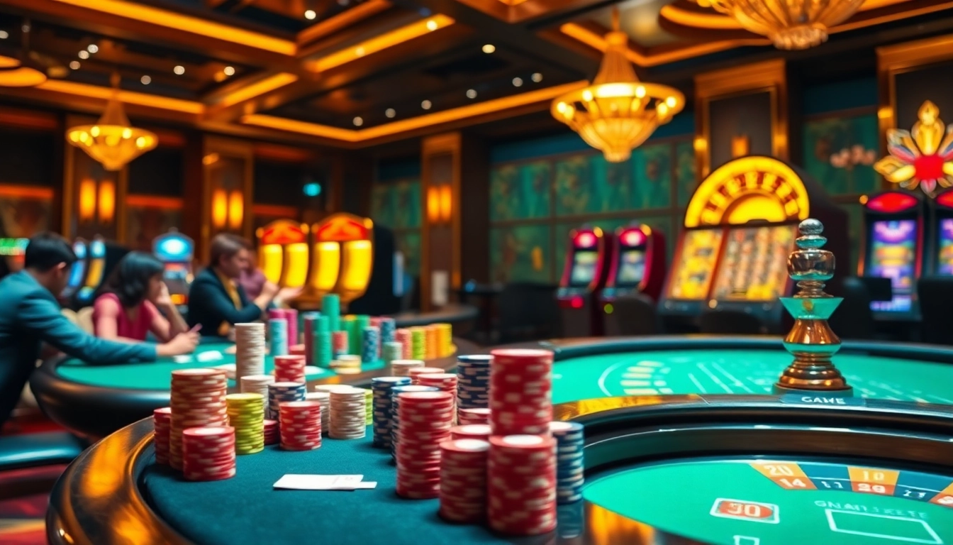 Experience the excitement of gilajp with vibrant casino elements including poker chips, cards, and a spinning roulette wheel.