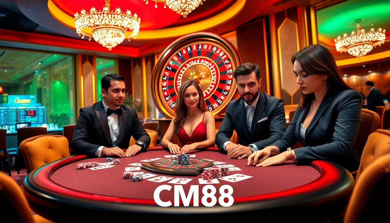 Gamblers strategizing at a luxurious casino table featuring CM88 poker chips and cards.