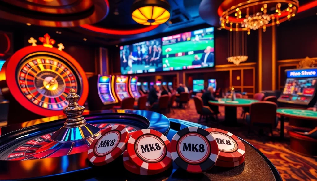 Experience the thrill of MK8 betting with vibrant casino visuals featuring roulette and poker.