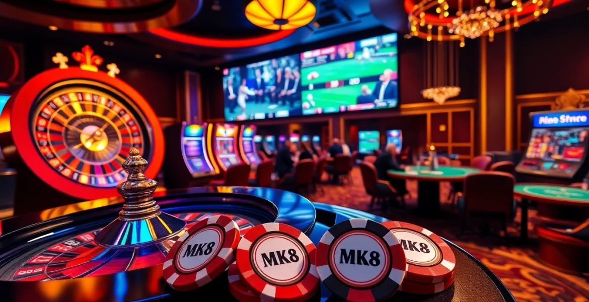 Experience the thrill of MK8 betting with vibrant casino visuals featuring roulette and poker.