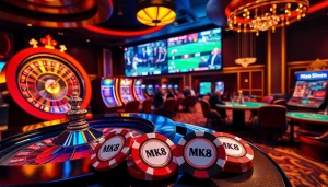 Experience the thrill of MK8 betting with vibrant casino visuals featuring roulette and poker.