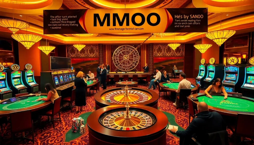 Excitement captures the atmosphere of a bustling casino featuring MMOO-themed games and vibrant players.