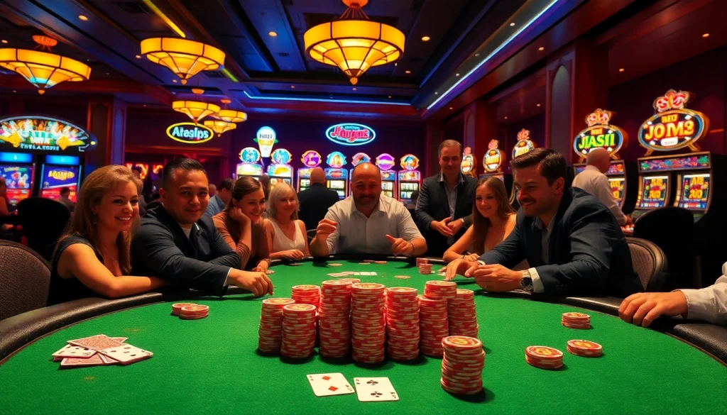 Naga99 poker players engaging in a thrilling game at a luxurious casino setting