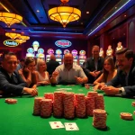 Naga99 poker players engaging in a thrilling game at a luxurious casino setting