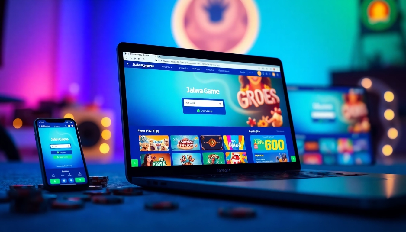 Experience seamless gaming with Jalwa login displayed on mobile and laptop devices, showcasing a vibrant gaming portal.