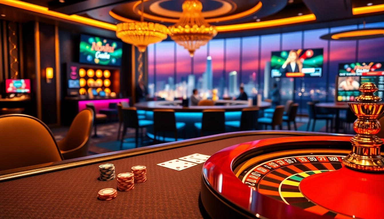 Nohu-themed luxurious casino scene with poker table, roulette wheel, and skyline views.